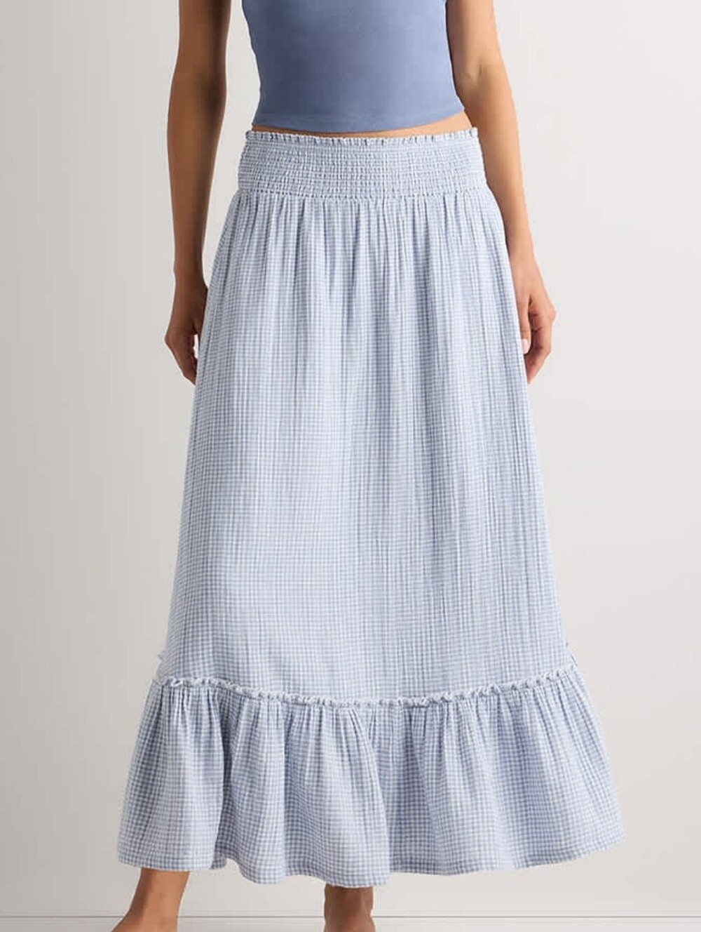 Quince Light Blue Gingham Maxi Skirt with Ruffle Hem